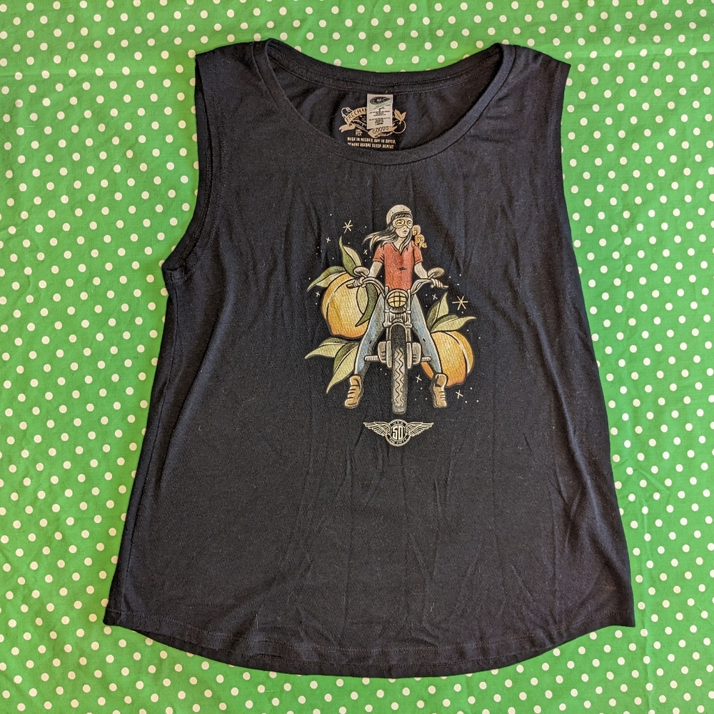 Black Graphic Tank Top with Motorcycle & Pumpkin Design